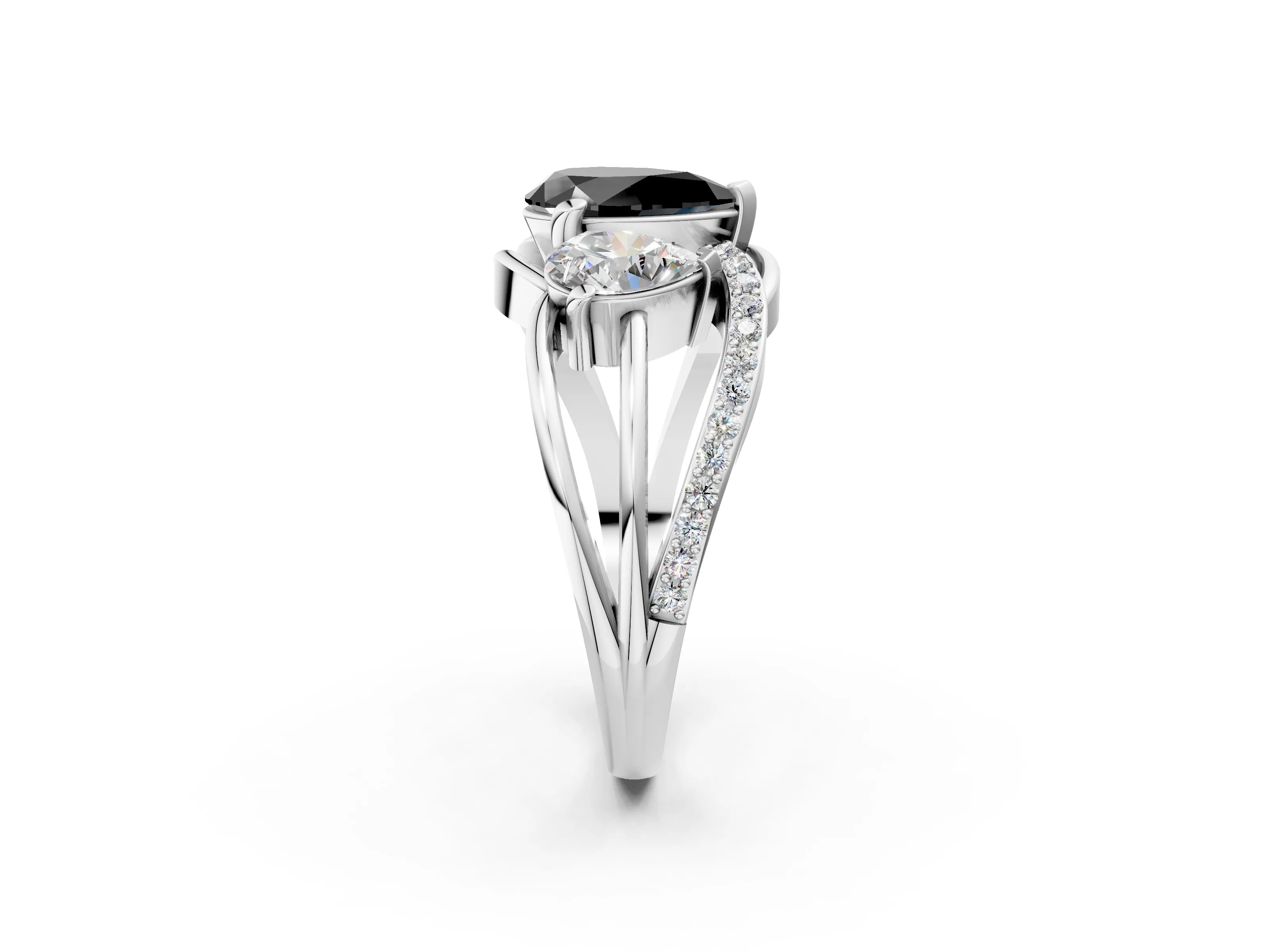 White gold Three-Stone Fancy Black Pear Cut Cut Diamond Split Shank Prong Set Ring_2