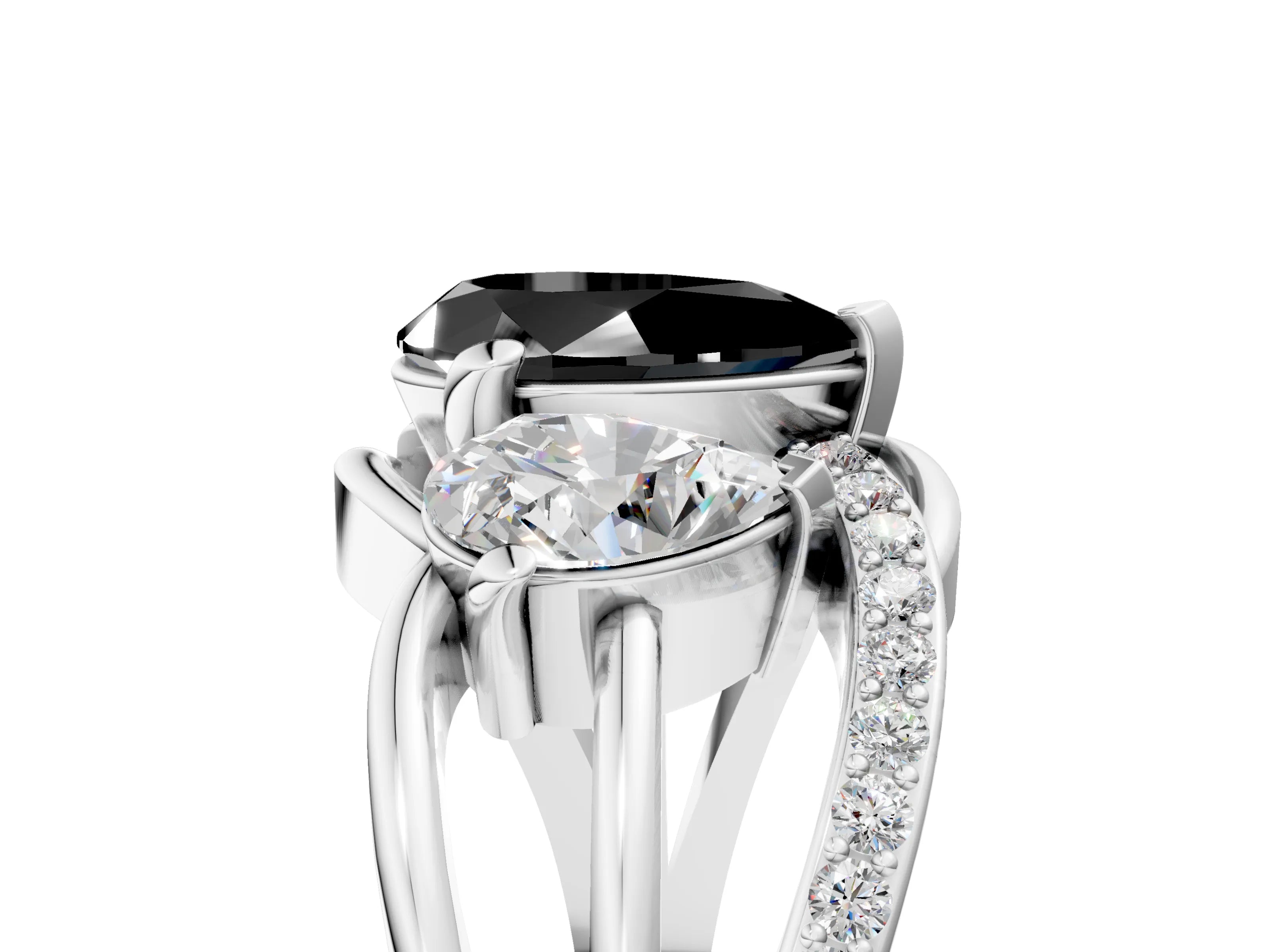 White gold Three-Stone Fancy Black Pear Cut Cut Diamond Split Shank Prong Set Ring_5