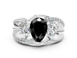 White gold Three-Stone Fancy Black Pear Cut Cut Diamond Split Shank Prong Set Ring