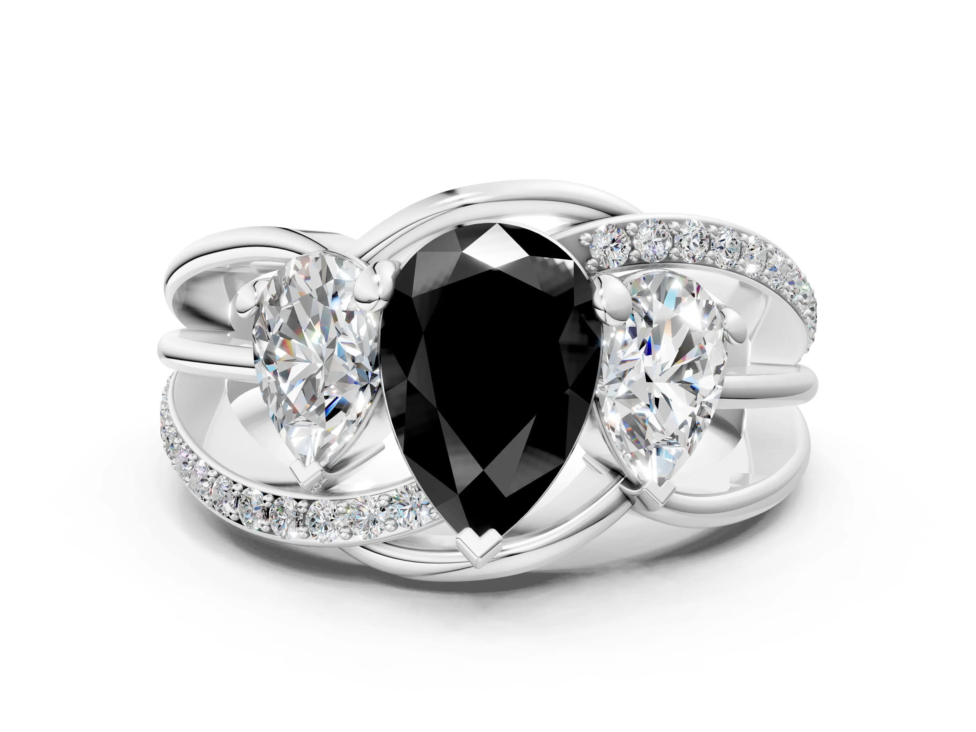 White gold Three-Stone Fancy Black Pear Cut Cut Diamond Split Shank Prong Set Ring