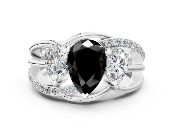 White gold Three-Stone Fancy Black Pear Cut Cut Diamond Split Shank Prong Set Ring