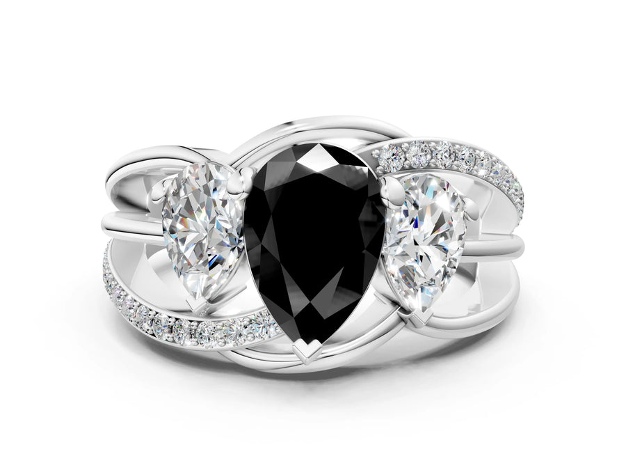 White gold Three-Stone Fancy Black Pear Cut Cut Diamond Split Shank Prong Set Ring
