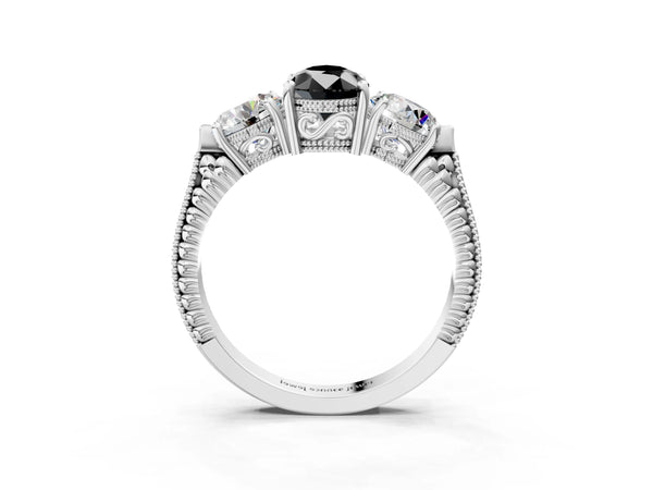 White Gold Pear-Shaped Vintage Three Stone Engagement Ring Setting for Black Center