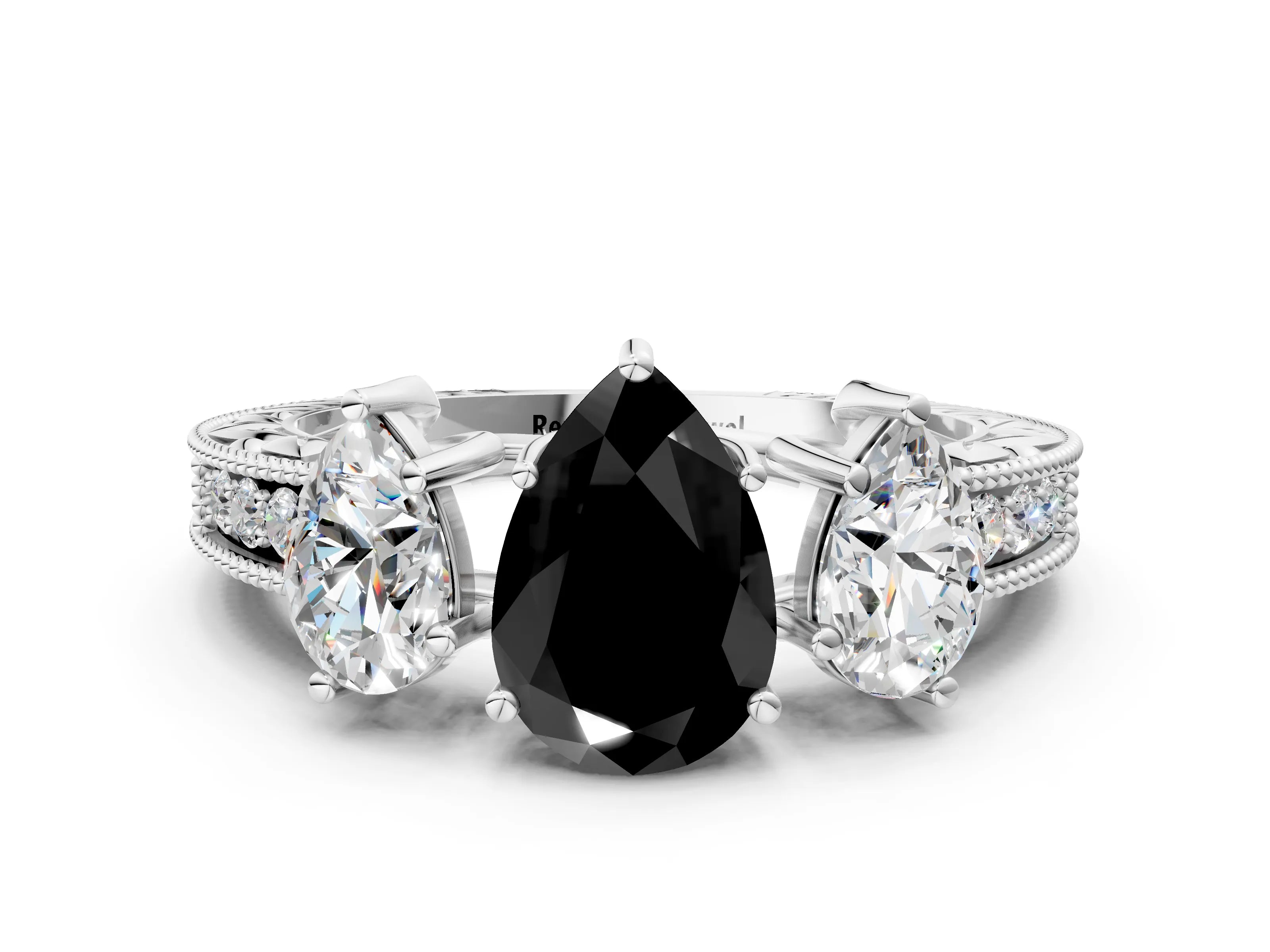 White gold Three-Stone Fancy Black Pear Cut Cut Milgrain Pavé Engagement Ring
