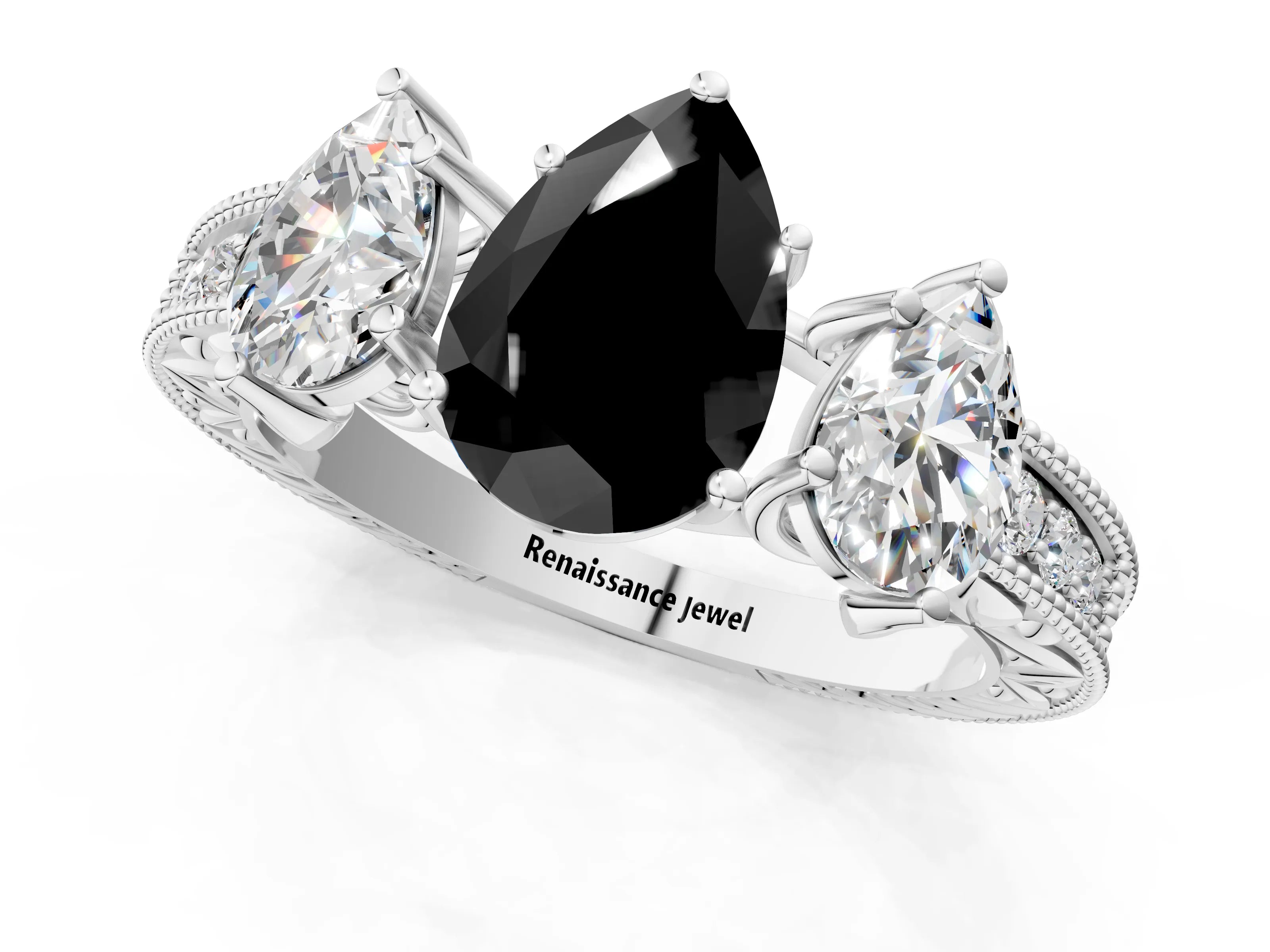 White gold Three-Stone Fancy Black Pear Cut Cut Milgrain Pavé Engagement Ring_1