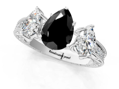 White gold Three-Stone Fancy Black Pear Cut Cut Milgrain Pavé Engagement Ring_1