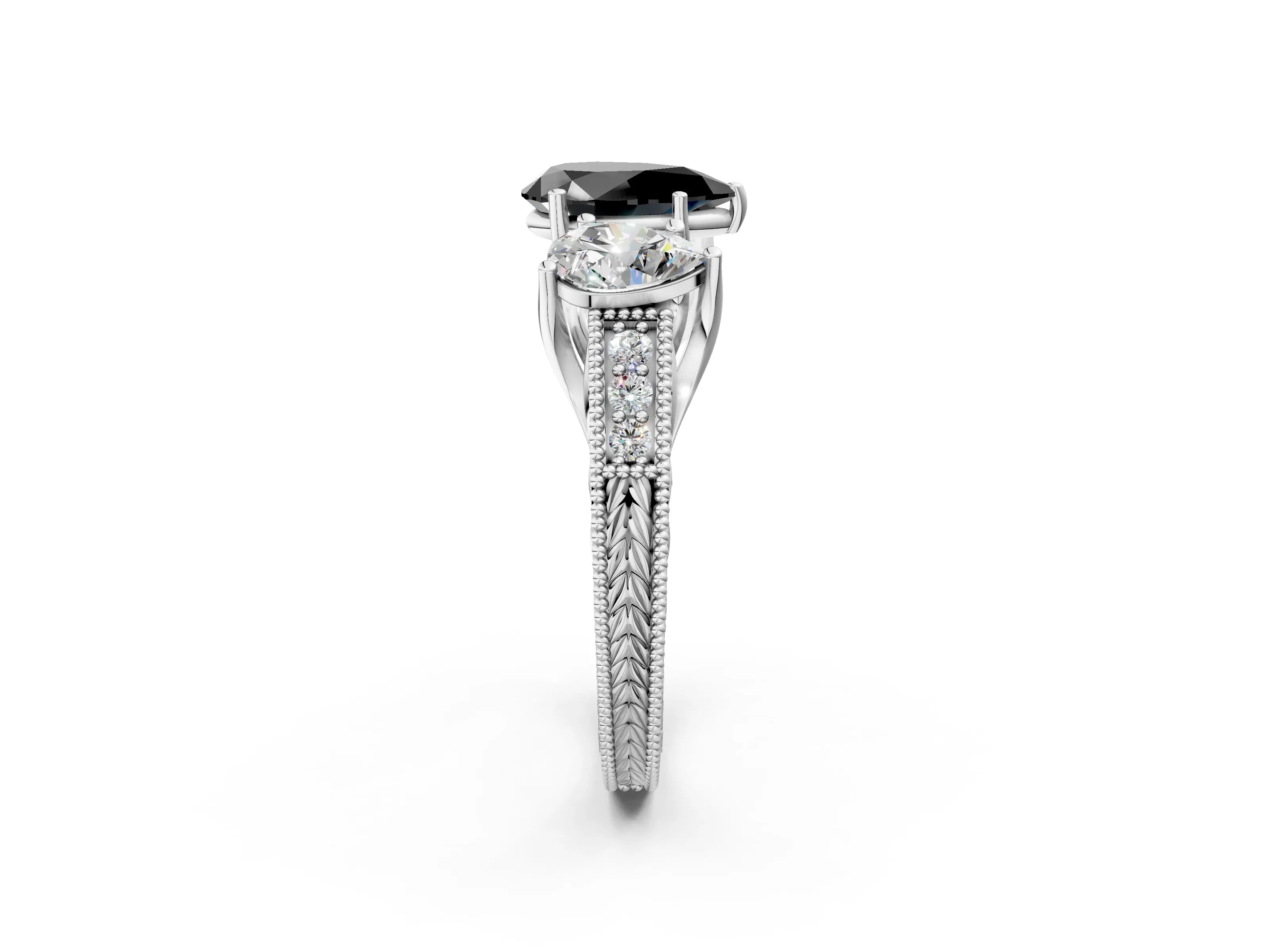 White gold Three-Stone Fancy Black Pear Cut Cut Milgrain Pavé Engagement Ring_2