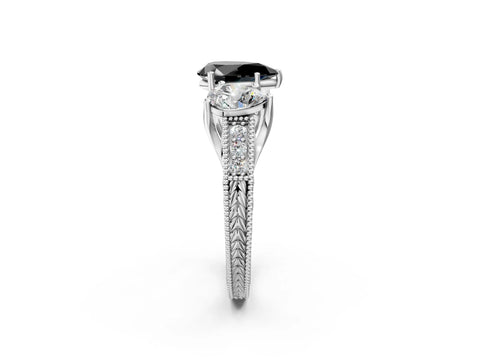 White gold Three-Stone Fancy Black Pear Cut Cut Milgrain Pavé Engagement Ring_2