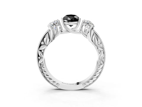 White gold Three-Stone Fancy Black Pear Cut Cut Milgrain Pavé Engagement Ring_3
