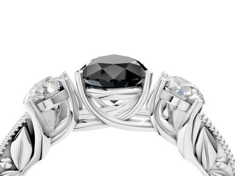 White gold Three-Stone Fancy Black Pear Cut Cut Milgrain Pavé Engagement Ring_4
