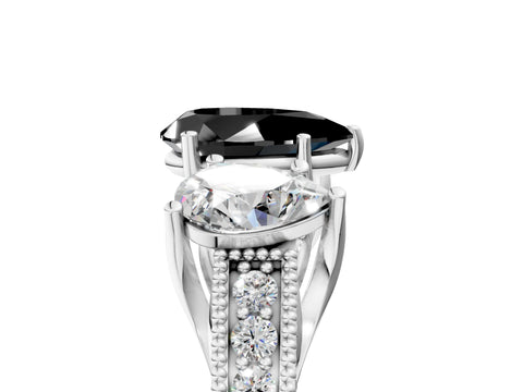 White gold Three-Stone Fancy Black Pear Cut Cut Milgrain Pavé Engagement Ring_5