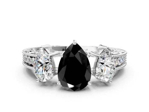 White gold Three-Stone Fancy Black Pear Cut Cut Milgrain Pavé Engagement Ring