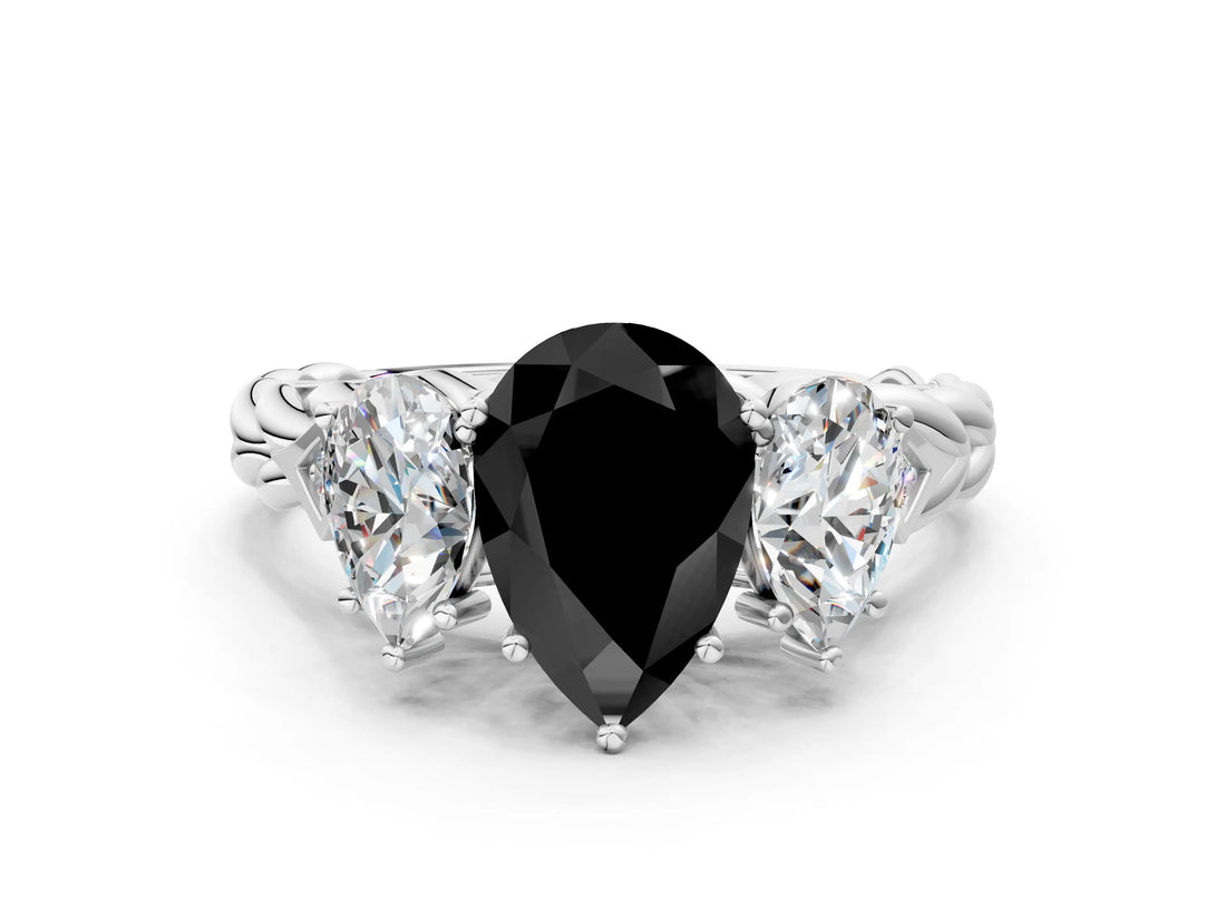 White gold Three-Stone Fancy Black Pear Cut Diamond Braided Band Ring with Four-Prong Setting_12