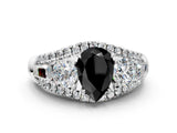 White gold Three-Stone Fancy Black Pear Cut Diamond Engagement Ring with Pave Band and Prong Setting_12
