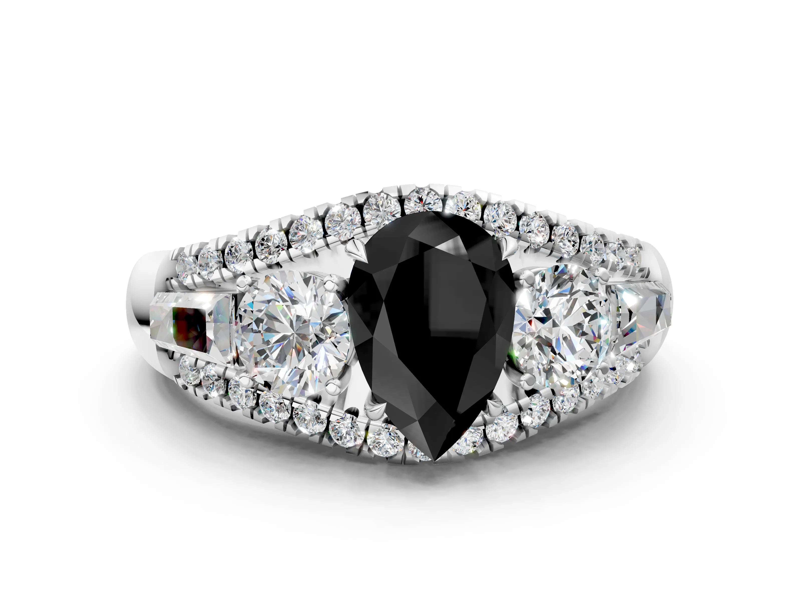 White gold Three-Stone Fancy Black Pear Cut Diamond Engagement Ring with Pave Band and Prong Setting_12