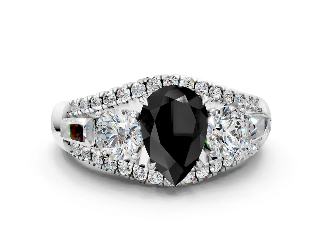 White gold Three-Stone Fancy Black Pear Cut Diamond Engagement Ring with Pave Band and Prong Setting_12