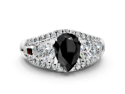 White gold Three-Stone Fancy Black Pear Cut Diamond Engagement Ring with Pave Band and Prong Setting_12