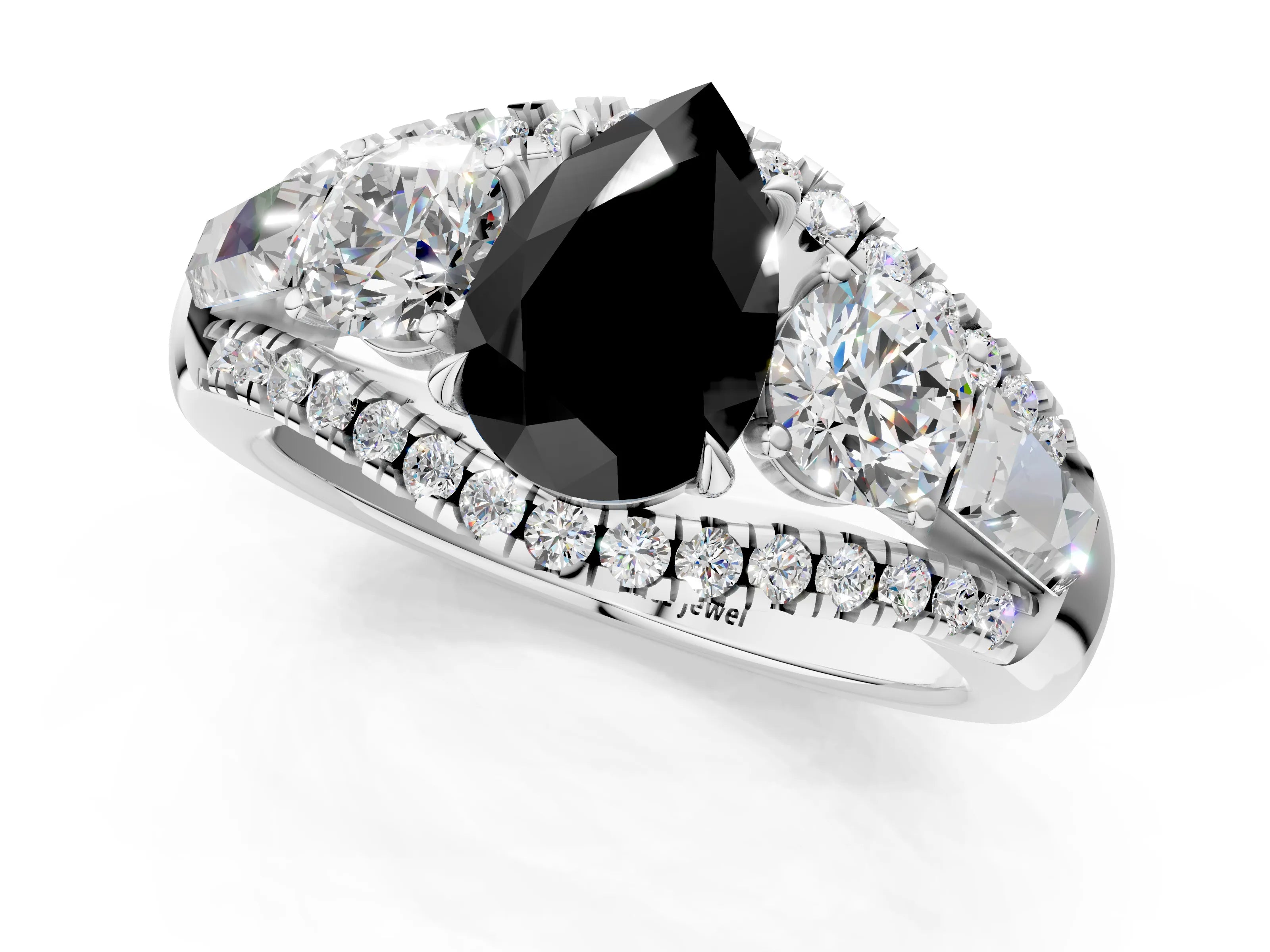 White gold Three-Stone Fancy Black Pear Cut Diamond Engagement Ring with Pave Band and Prong Setting_13