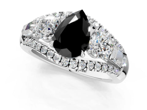 White gold Three-Stone Fancy Black Pear Cut Diamond Engagement Ring with Pave Band and Prong Setting_13