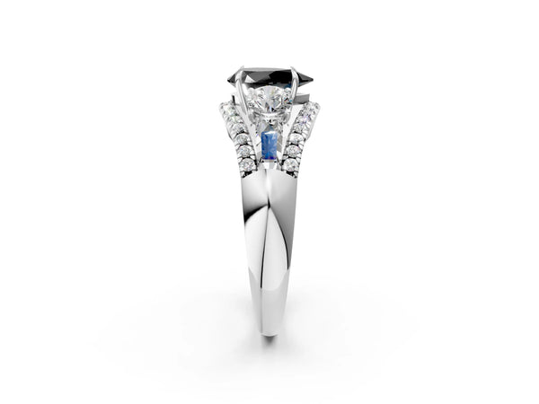 Platinum Pear-Shaped Five Stone Baguette Engagement Ring Setting for Black Center