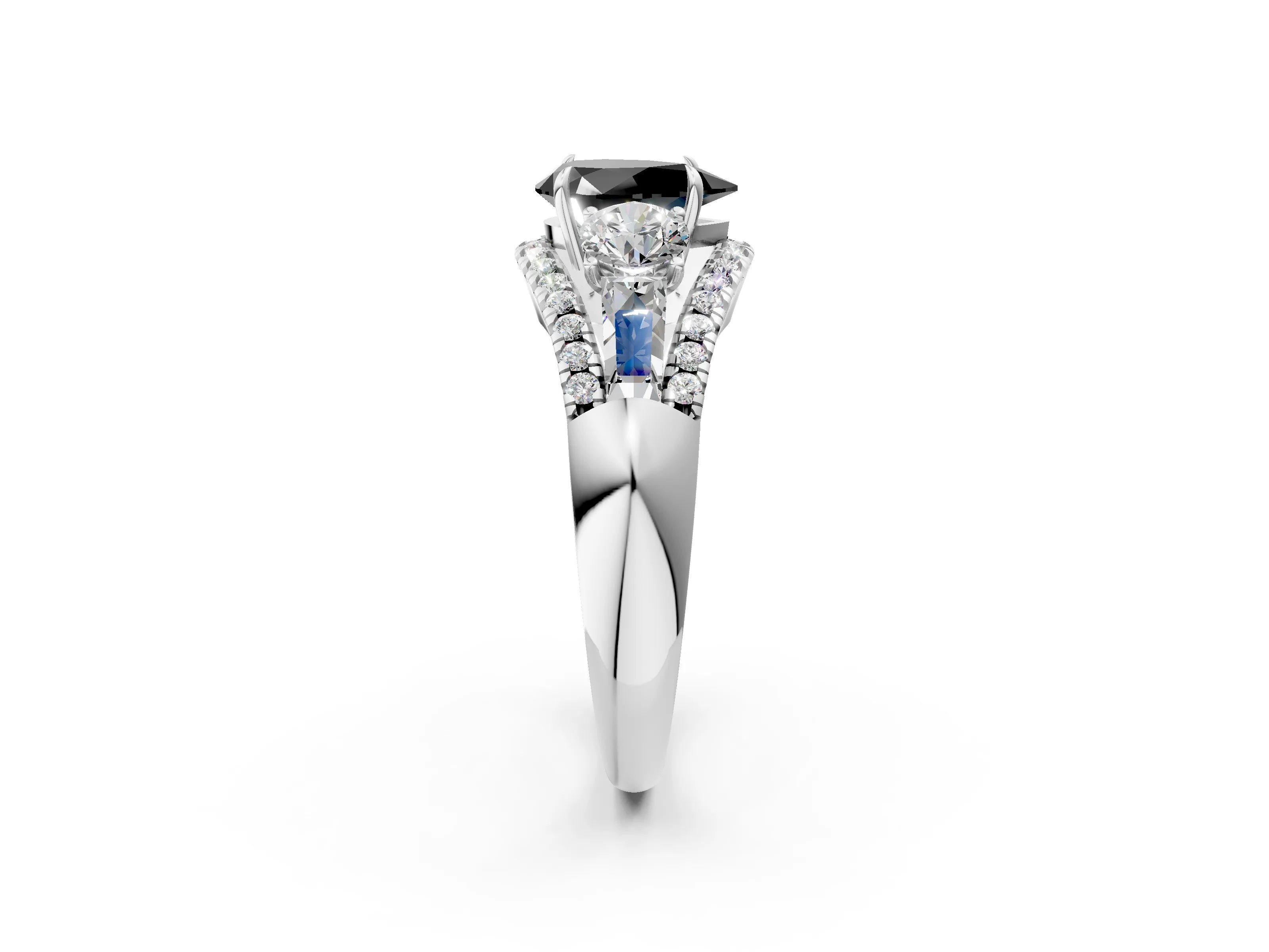 White gold Three-Stone Fancy Black Pear Cut Diamond Engagement Ring with Pave Band and Prong Setting_14