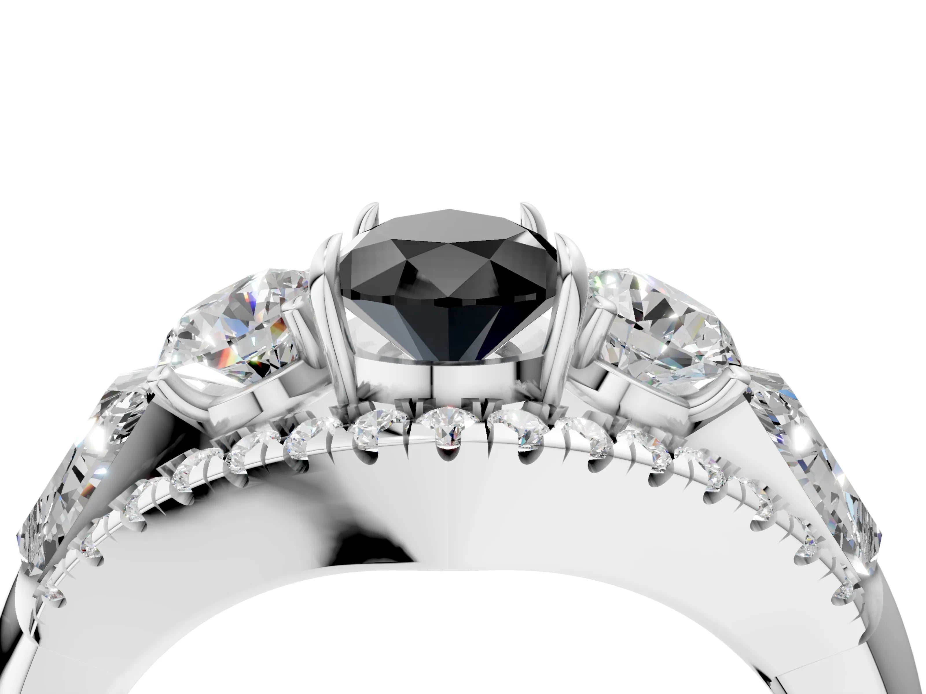 White gold Three-Stone Fancy Black Pear Cut Diamond Engagement Ring with Pave Band and Prong Setting_16