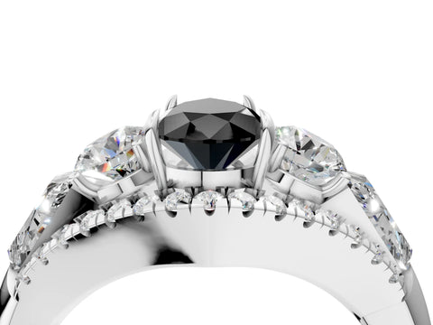 White gold Three-Stone Fancy Black Pear Cut Diamond Engagement Ring with Pave Band and Prong Setting_16