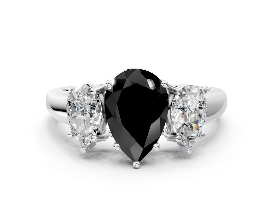 White gold Three-Stone Fancy Black Pear Cut Diamond Engagement Ring with Prong Setting_15