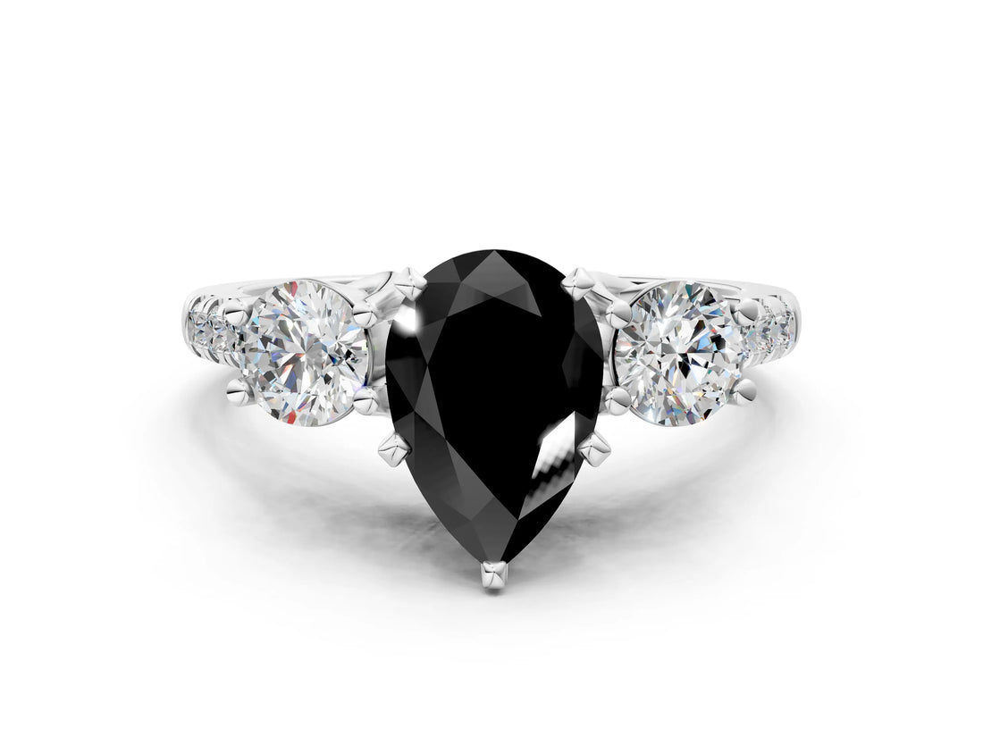 White gold Three-Stone Fancy Black Pear Cut Diamond Pavé Band with Four-Prong Setting