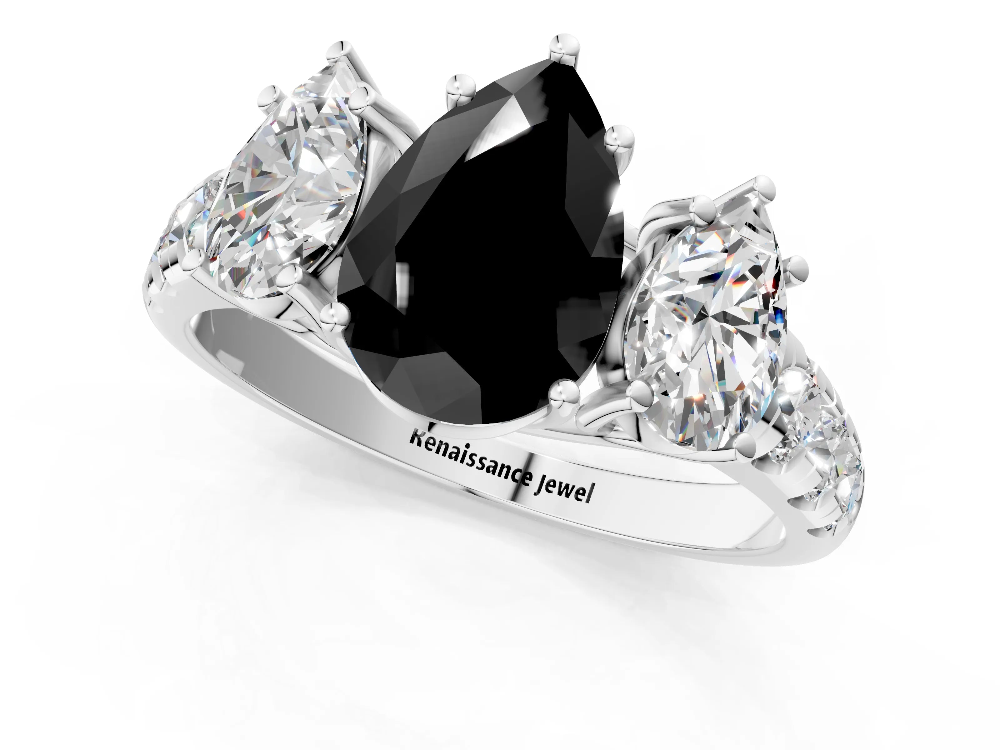 White gold Three-Stone Fancy Black Pear Cut Diamond Pavé Band with Prong Setting_1