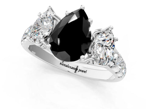 White gold Three-Stone Fancy Black Pear Cut Diamond Pavé Band with Prong Setting_1