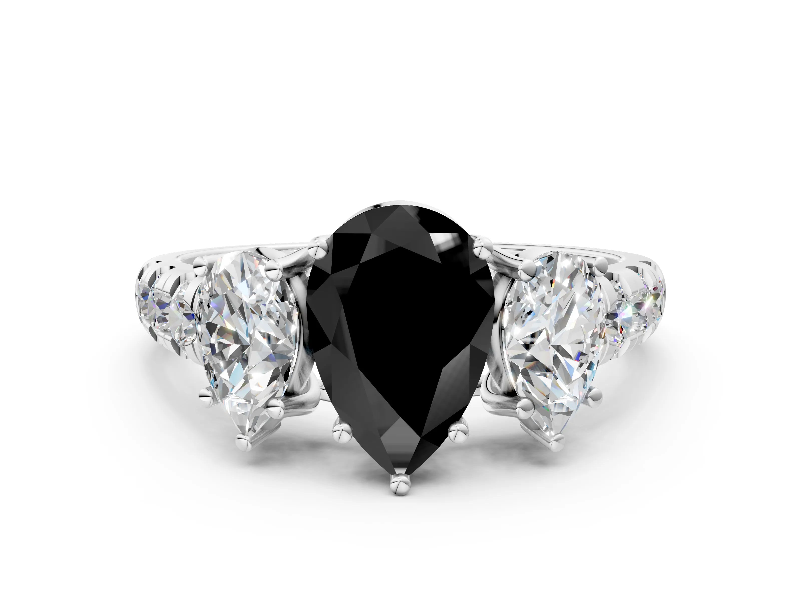 White gold Three-Stone Fancy Black Pear Cut Diamond Pavé Band with Prong Setting_36