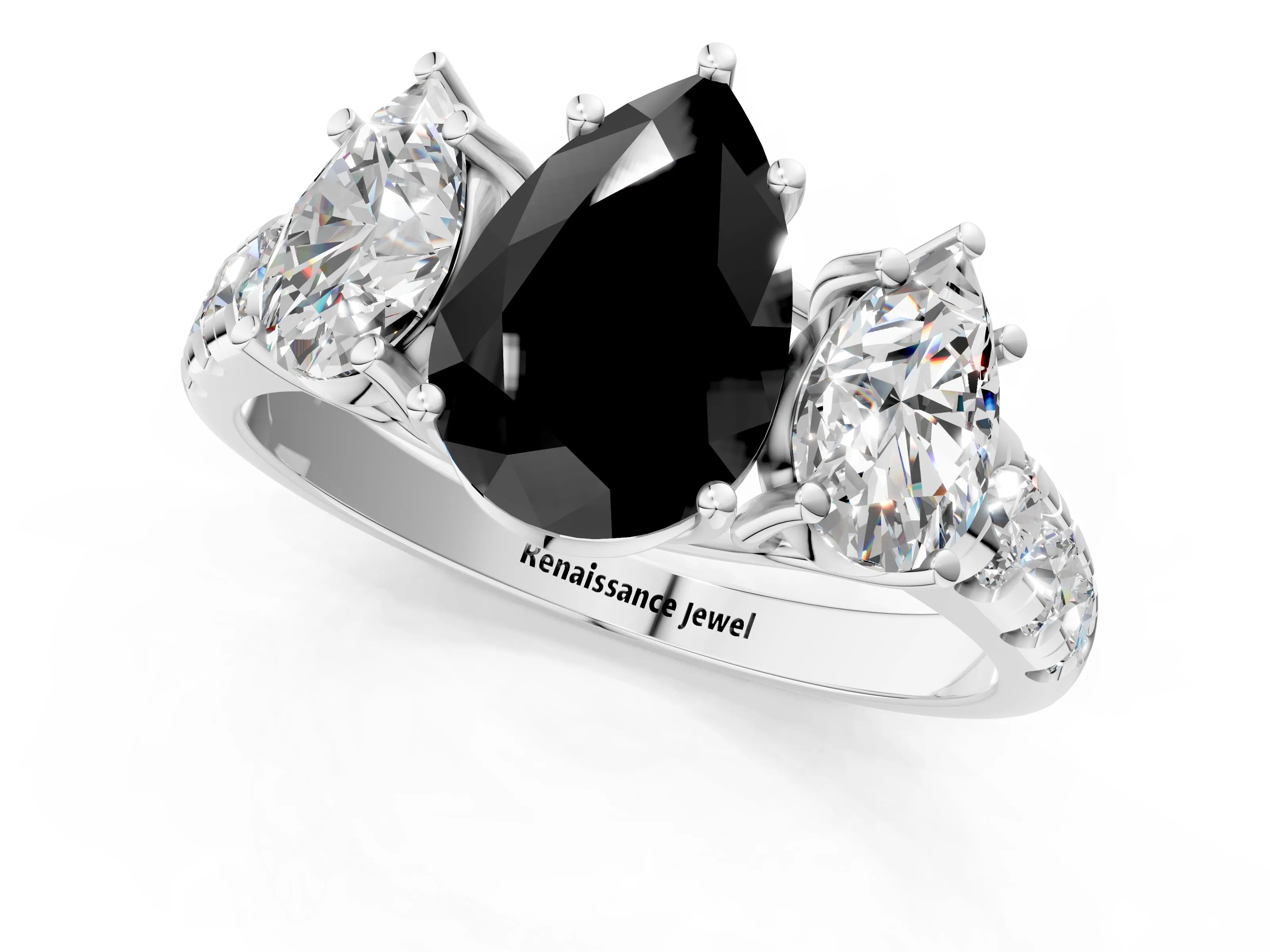White gold Three-Stone Fancy Black Pear Cut Diamond Pavé Band with Prong Setting_37