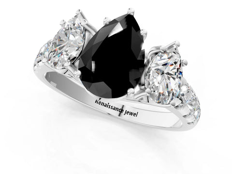 White gold Three-Stone Fancy Black Pear Cut Diamond Pavé Band with Prong Setting_37