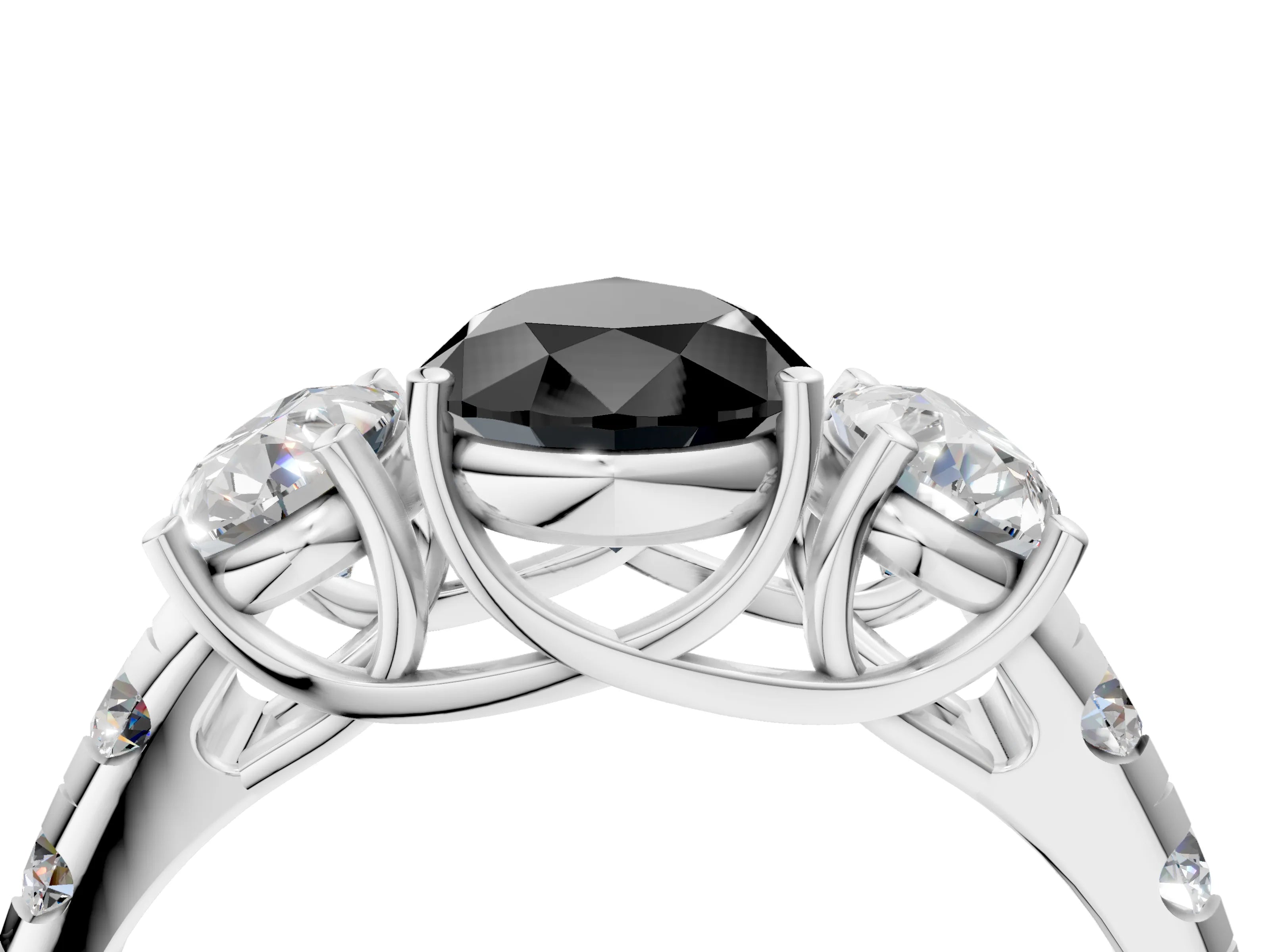 White gold Three-Stone Fancy Black Pear Cut Diamond Pavé Band with Prong Setting_40