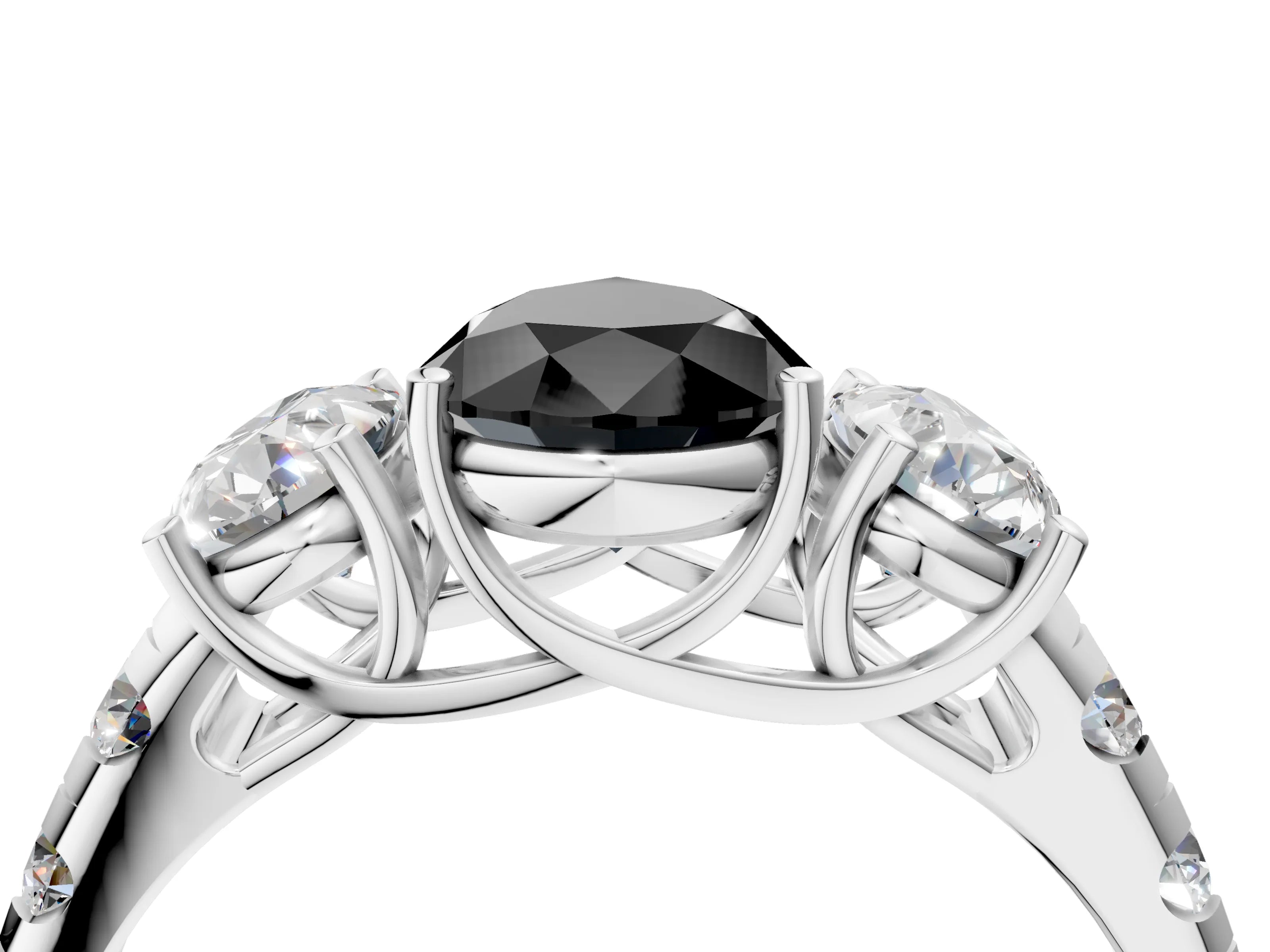 White gold Three-Stone Fancy Black Pear Cut Diamond Pavé Band with Prong Setting_4