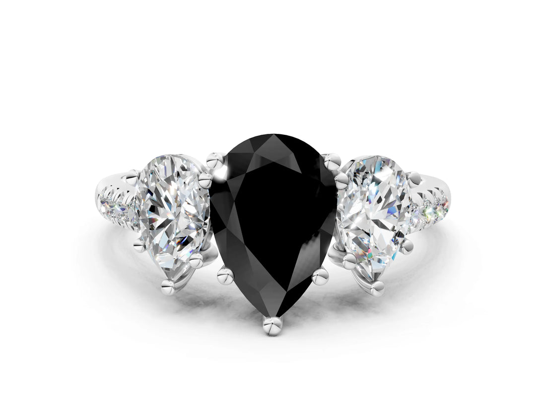 White gold Three-Stone Fancy Black Pear Cut Diamond Ring with Pavé Band and Prong Setting_78