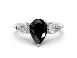 White gold Three-Stone Fancy Black Pear Cut Diamond Ring with Pear Side Stones and Four-Prong Setting