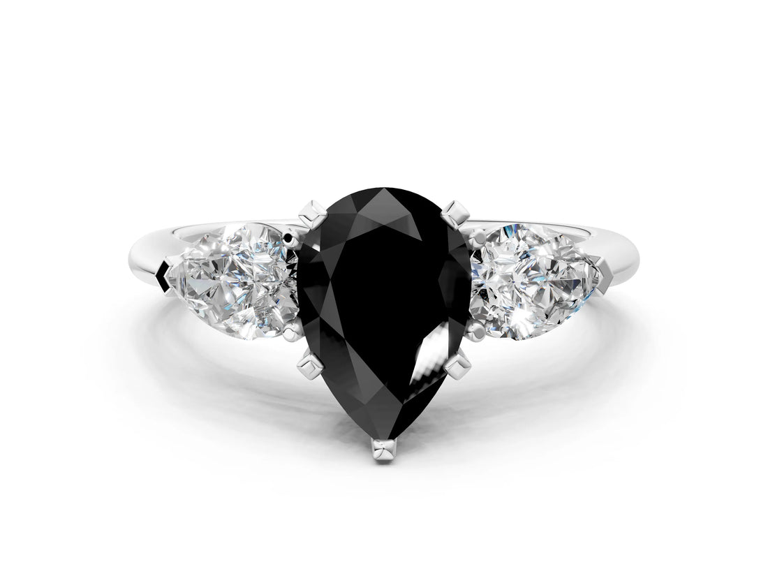 White gold Three-Stone Fancy Black Pear Cut Diamond Ring with Pear Side Stones and Four-Prong Setting