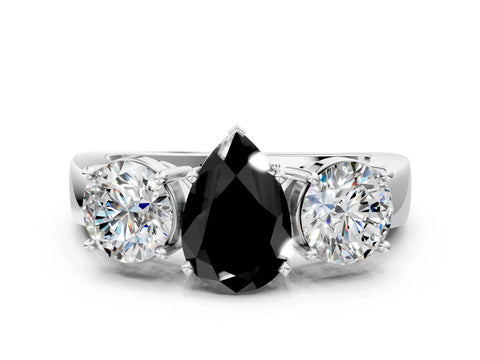 White gold Three-Stone Fancy Black Pear Cut Diamond Ring with Round Side Stones, Classic Band, and Four-Prong Setting_18