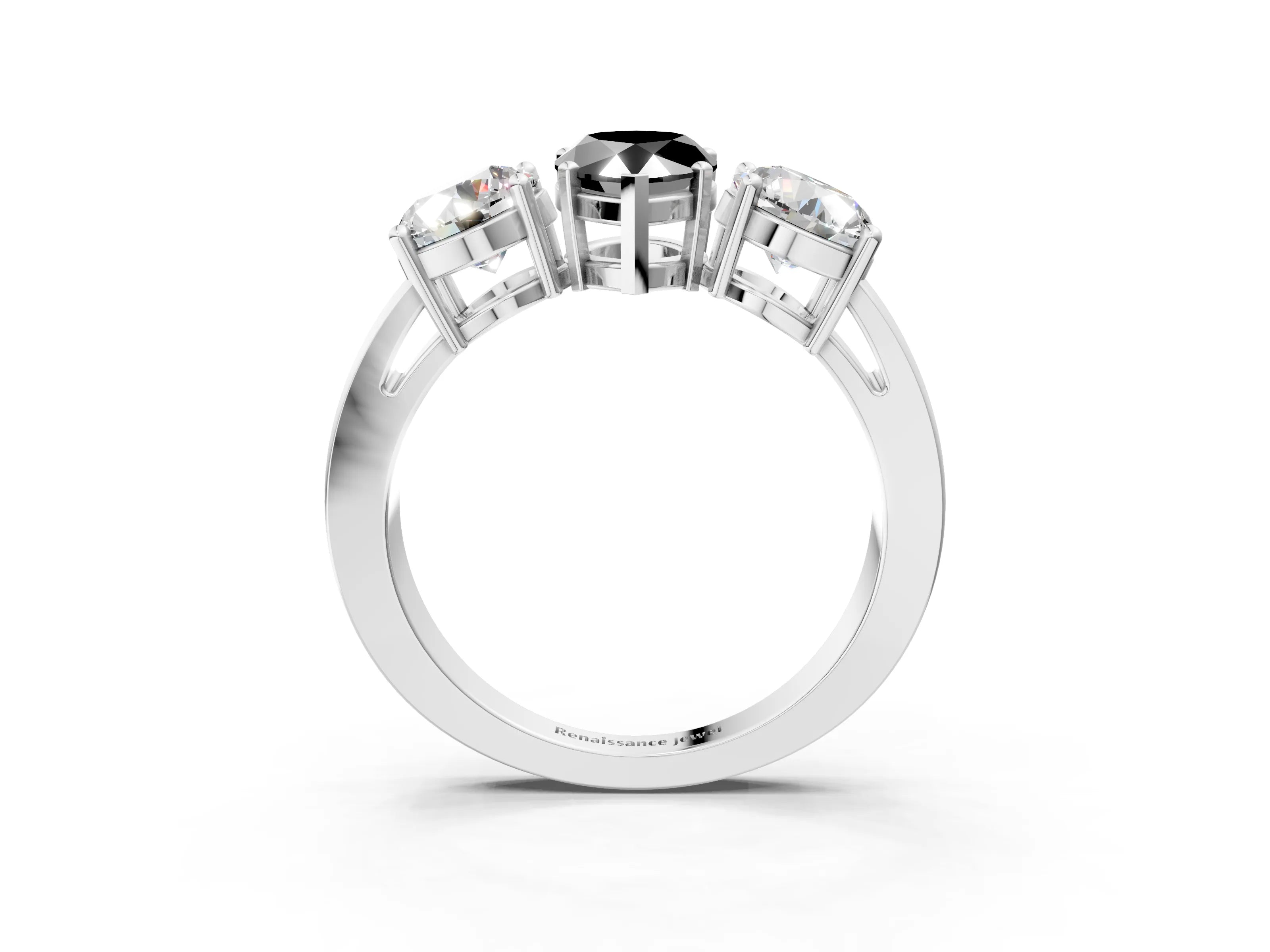 White gold Three-Stone Fancy Black Pear Cut Diamond Ring with Round Side Stones, Classic Band, and Four-Prong Setting_21