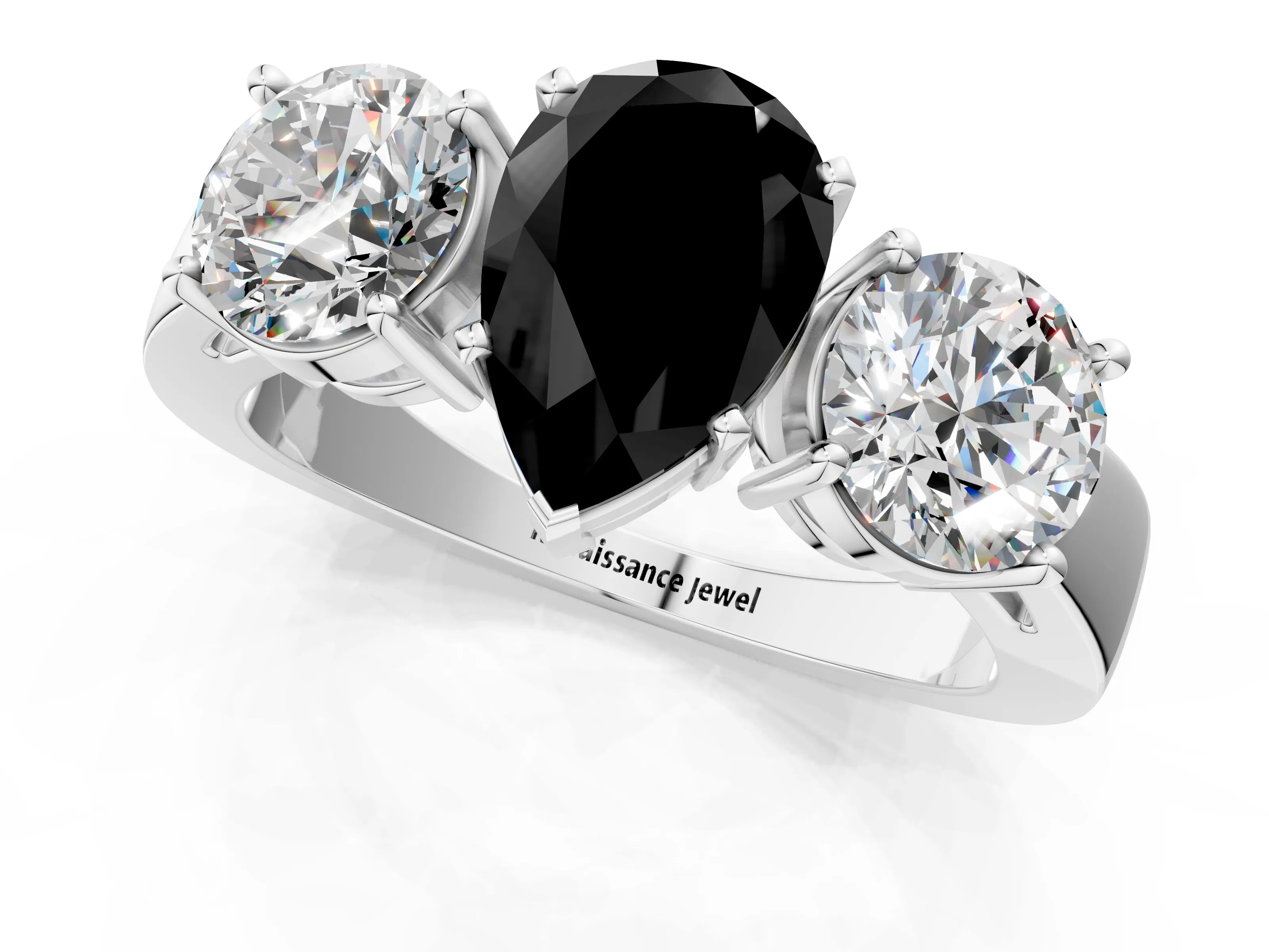 White gold Three-Stone Fancy Black Pear Cut Diamond Ring with Round Side Stones, Classic Band, and Four-Prong Setting_23