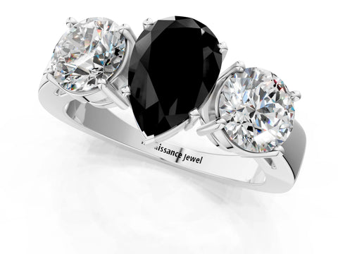 White gold Three-Stone Fancy Black Pear Cut Diamond Ring with Round Side Stones, Classic Band, and Four-Prong Setting_25