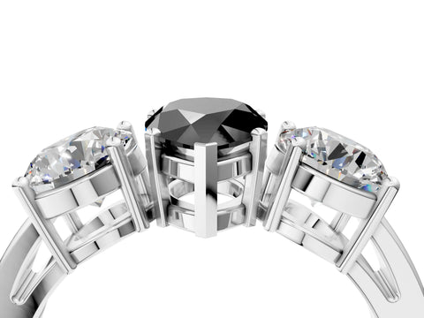 White gold Three-Stone Fancy Black Pear Cut Diamond Ring with Round Side Stones, Classic Band, and Four-Prong Setting_26