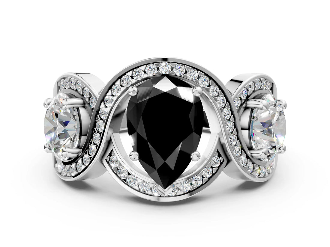 White gold Three-Stone Fancy Black Pear Cut Diamond Wave Pave Band with Prong Setting_48
