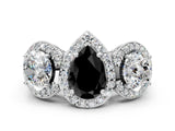 White gold Three-Stone Fancy Black Pear Cut Halo Diamond Milgrain Band with Four-Prong Setting
