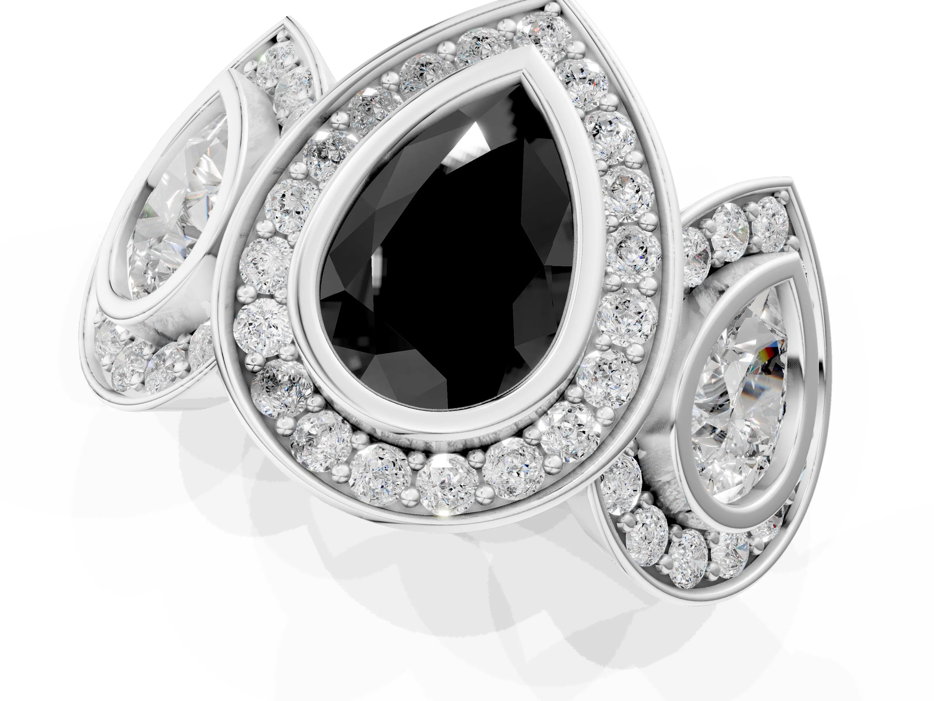 White gold Three-Stone Fancy Black Pear Cut Halo Pavé Diamond Ring_1