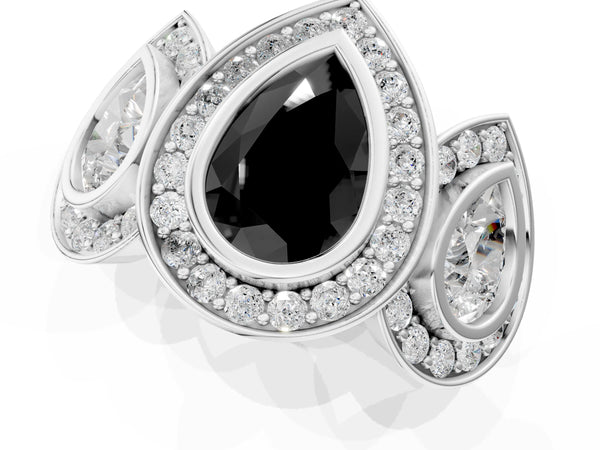 Platinum Pear-Shaped Bezel Three Stone Halo Engagement Ring Setting for Black Center