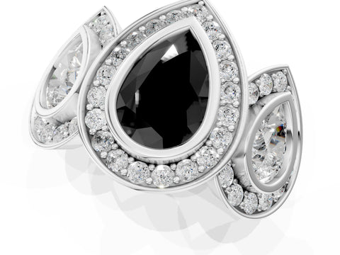 White gold Three-Stone Fancy Black Pear Cut Halo Pavé Diamond Ring_1
