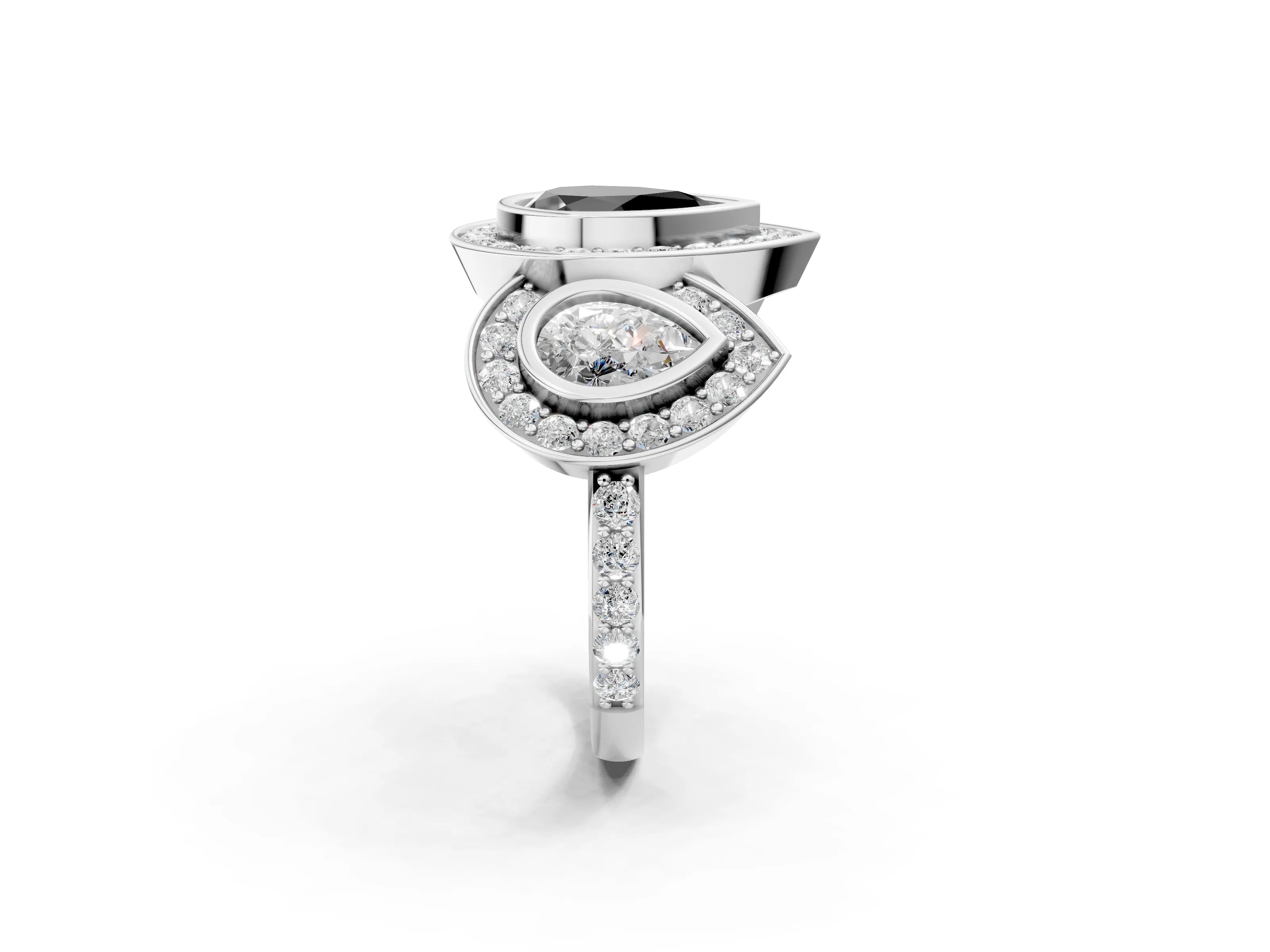 White gold Three-Stone Fancy Black Pear Cut Halo Pavé Diamond Ring_2